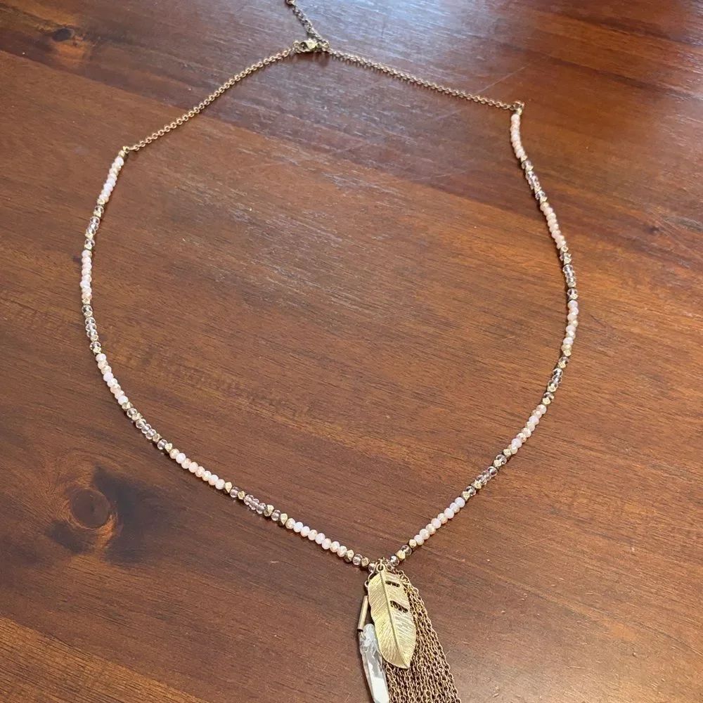 Gold and Pink Feather Pendant Necklace